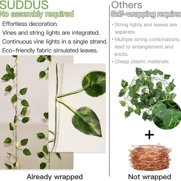 Vine with Fairy Lights Battery Operated, 33ft100 LED Pothos String Lights with R - Picture 4 of 6